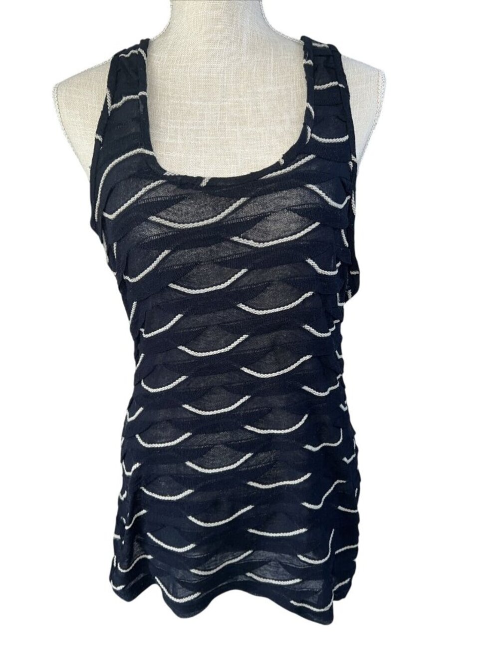 Max Studio Black & White Textured Wave Pattern Sheer Racerback Tank Top M